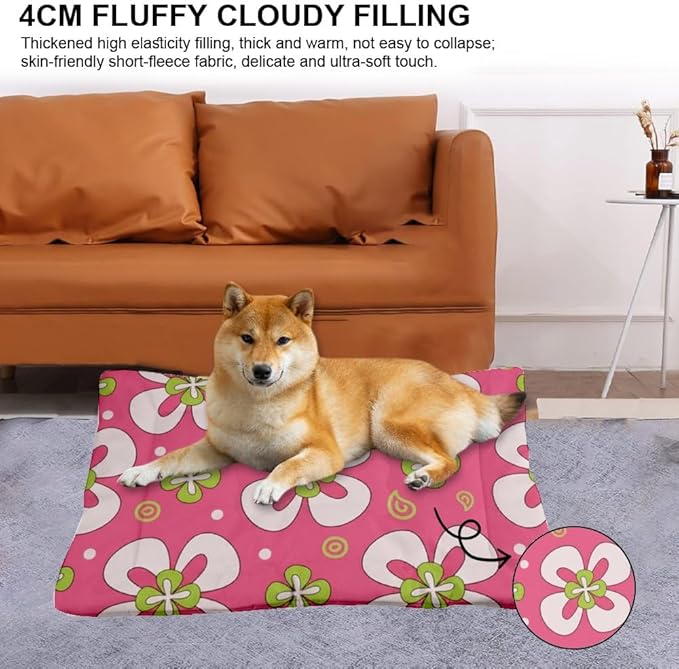 Pink Abstract Floral Corner Crate Dog Bed Pet Bed Mat Dog Beds Crate Pad Bedding for Washable Non-Slip Cushion Washable Pet Beds for Small Dogs Outdoor Mat Pillow Indoor Outdoor 24X18 Inch
