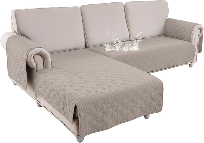 ele ELEOPTION 100% Waterproof 2 Piece Couch Cover Pet Blanket Sectional L Shape Sofa Cushion Cat Dog Bed Cover (Chaise Lounge + 2 Seat Covers) Khaki