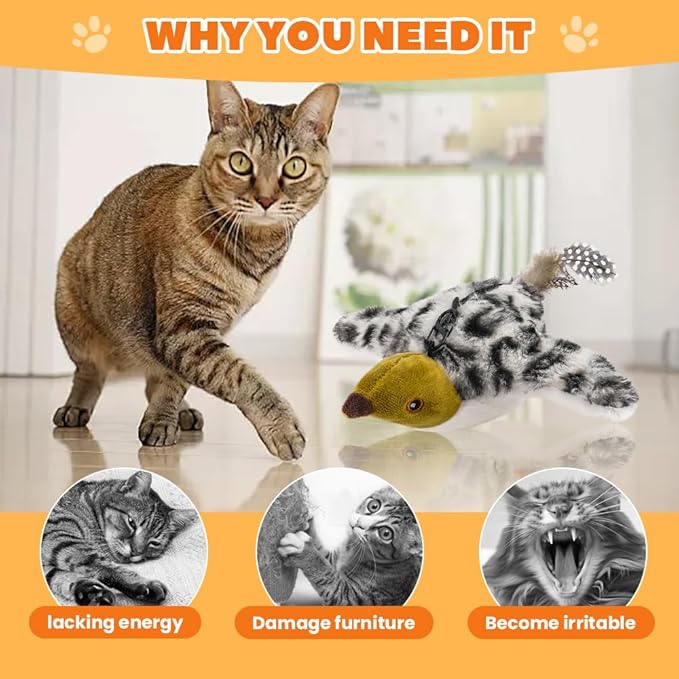 Flapping Bird Cat Toy, Interactive Chirping Bird Cat Toy, Simulated Chirping Bird Cat Toys Flapping Wings, Rechargeable, 3 Modes, Touch Activated (Sparrow #A)