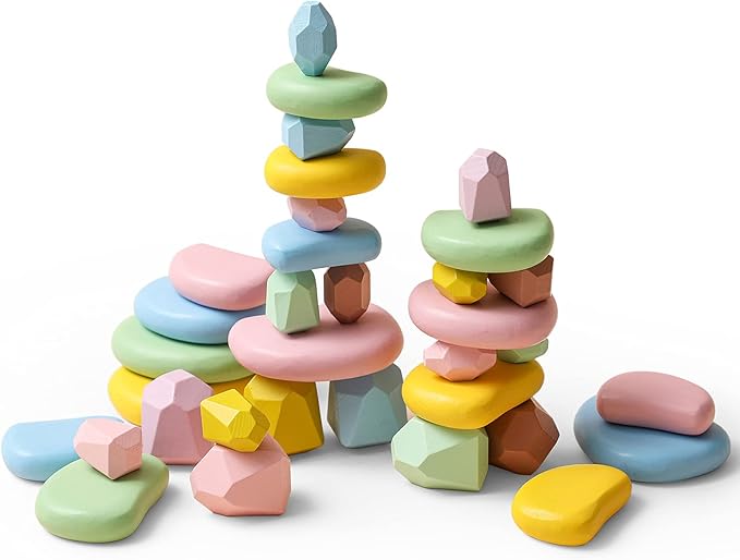 OESSUF 34PCs Stacking Rocks Balancing Stones Wooden Stacking Toys for Toddler Montessori Sorting Game