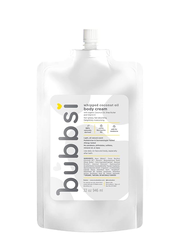 Bubbsi Whipped Coconut Oil Baby Lotion for Eczema, Dry Skin, Baby Acne, KP | Organic Coconut Oil, Shea Butter, Vitamin E | Light, Natural Scent | EU Compliant, Vegan (Refill Pouch, 32oz)