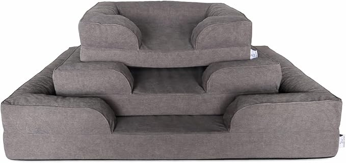 Gray Corduroy Orthopedic Dog Bed with Bolster – Memory Foam, Washable Removable Cover, Non-Slip Bottom (Large)