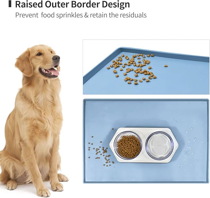 Dog Food Mat,Silicone Waterproof Food Tray,Non Slip Pet Bowl Mats Placemat,1" Raised Edge,Suitable for Most Small and Medium Sized Pets,32" x 24"