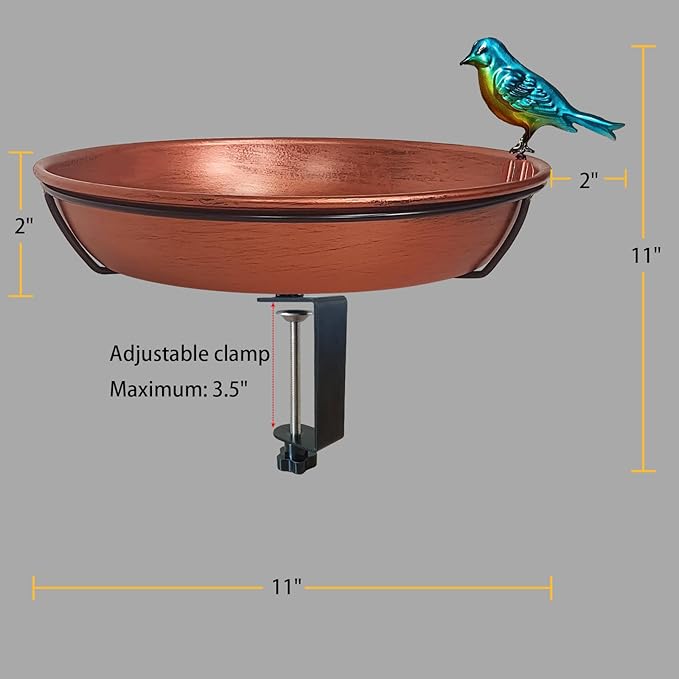 Deck Bird Bath for Outdoors, 11" Copper Metal Birdbath Bowl with Adjustable Big Steel Clamp Backyard Bird Bath&Bird Feeder for Railing Balcony Fence Yard Art Garden Decor