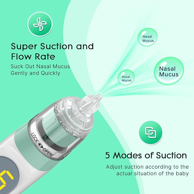 Electric Nasal Aspirator for Baby, Nose Aspirator for Toddlers, Waterproof Baby Nose Sucker, Nose Cleaner with 3 Silicone Tips, Adjustable Suction Level, Music and Light Soothing Function,Green