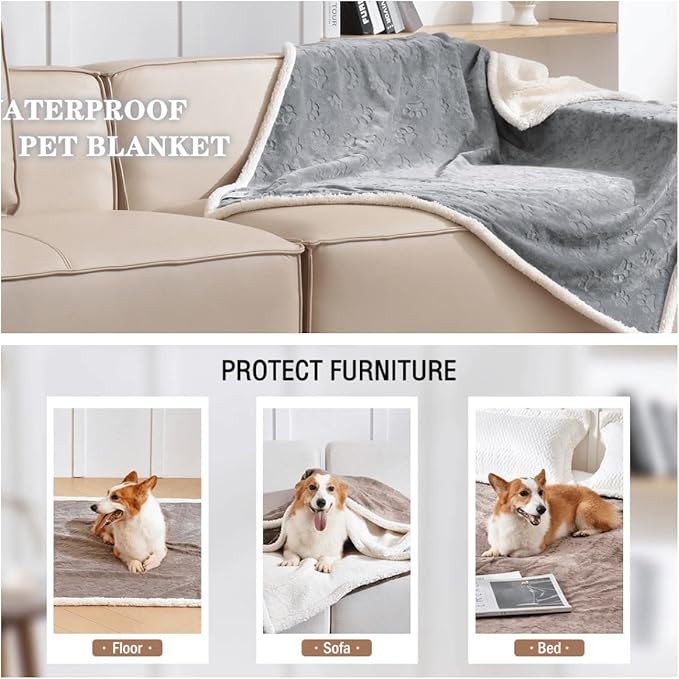 Waterproof Dog Blanket, 60" x 40" Washable Sherpa Fleece Cat Blanket,Pet Puppy Blanket Sofa Bed Furniture Protector,Reversible Soft Plush Blanket for Medium Large Dog (65" x 57")