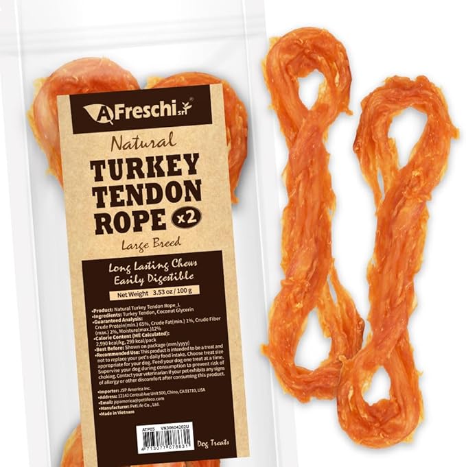 A Freschi srl Turkey Tendons for Dogs, USA-Sourced, Healthy Dog Treats, Rawhide-Free Puppy Chews, Long Lasting, All Natural, Hypoallergenic Dog Treats for Large Breeds, 2 Count Pack Rope (L)