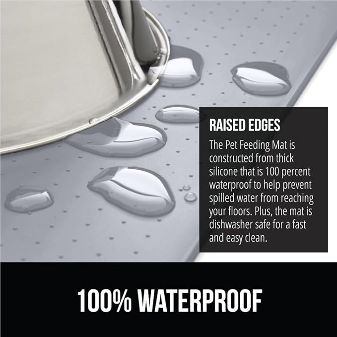 GORILLA GRIP 100% Waterproof Raised Edge BPA Free Silicone Pet Feeding Mat, Dog Cat Food Mats Contain Spills Protects Floors, Placemats for Cats, Dogs Water Bowl, Pets Accessories 28x18 Light Gray