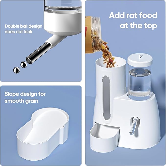 2 in 1 Hamster Water Bottle - Automatic Food Bowl, No Drip Small Animal Water Bottle Dispenser, for Syrian Dwarf Hamsters, Gerbils, Mouse, Hedgehog, Hamster Cage Accessories (Blue, Large)