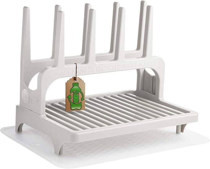 PopYum Seattle Gray Space Saving Drying Rack from 100% Recycled Bottles with Clear Frosted Silicone Drying Mat, countertop for Baby Bottle, Plastic Bags, Cups, Glass, tumblers, Compact