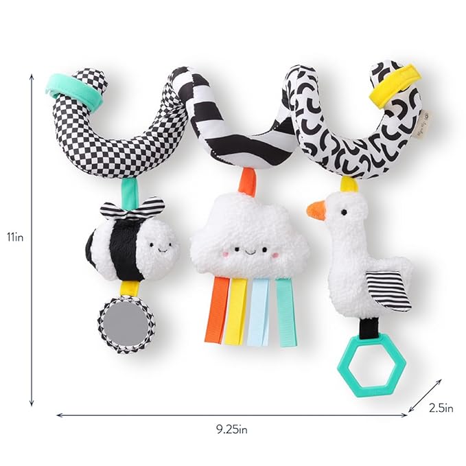 Itzy Ritzy Spiral Car Seat & Stroller Activity Toy - Stroller & Car Seat Toys for Ages 0 Months and Up - Hanging Toys Include Dangling Ring, Mirror and Textured Ribbons (High Contrast)