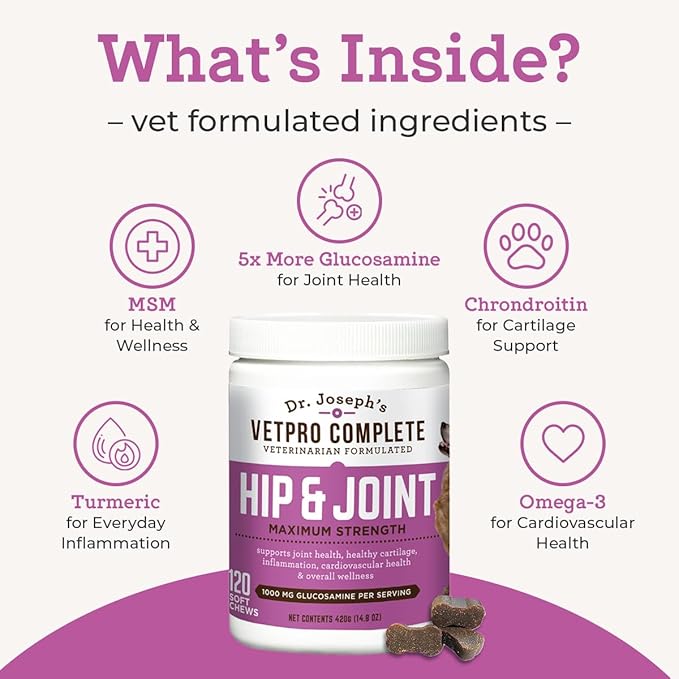 Dr. Joseph's VetPro Complete Dog Hip and Joint Supplement, 60 Count, Chicken Flavored Pain and Inflammation Relief Chews with Glucosamine, Chondroitin, MSM, Turmeric, Vitamin C, Omega 3