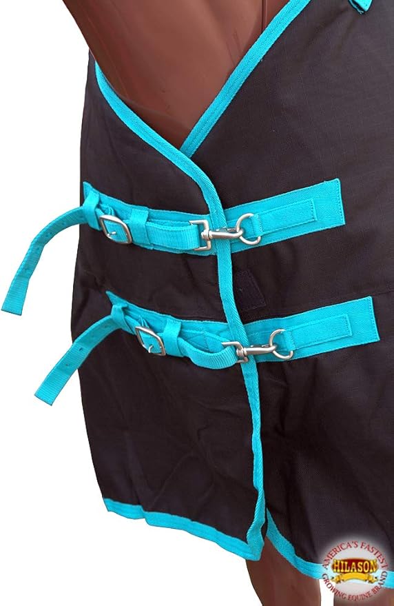 HILASON Black with Turquoise Trims 66 inch 1200D Winter Waterproof Poly Horse Turnout Blanket Belly Wrap
