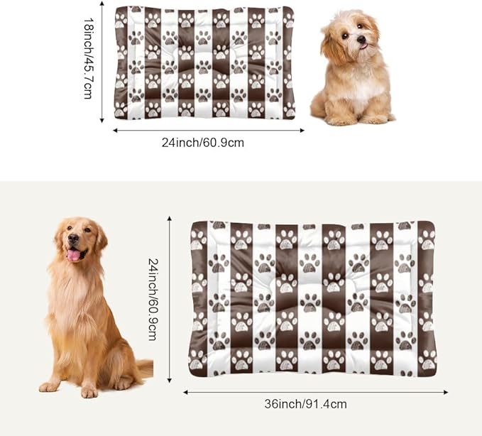 Brown Paw Print Stripes Washable Dog Bed Pet Crate Mat Puppy Pads Dog Crate Liner Pad Washable Non-Slip Cushion Bed for Small Dogs Sleeping Mat Small Indoor Outdoor 24X18 Inch