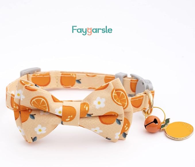 Faygarsle 2 Pack Cute Cat Collar With Bell Breakaway Bowtie for Male Female Cats - Soft Fancy Orange Yellow Pineapple Pattern Summer Collar for Boy Girl Cats