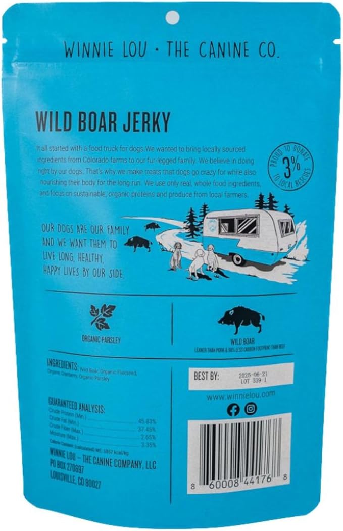 Winnie Lou Wild Boar Jerky Dog Treats – Limited Ingredient, Human Grade, Training Treats for Small, Medium & Large Dogs, USA Made, High Protein, Chews, Hypoallergenic, Sensative Stomach (2 Pack)