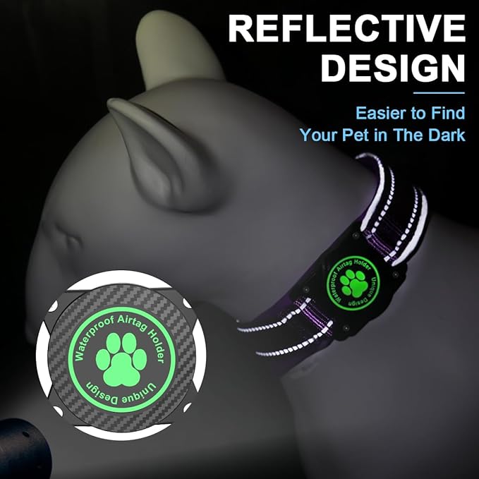 Airtag Dog Collar with Waterproof Air Tag Holder, Luminous Reflective, Soft Padded, Adjustable Nylon Pet Collar for Small Medium Large Heavy Duty Dogs,Purple, S