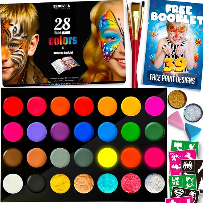Face Painting Kit for Kids - 28 Colors Professional Face Paint Kit, Non-Toxic and Hypoallergenic, Stencils, Book, Halloween Makeup Kit - Safe and Easy to Use Face Paint Kit for Kids