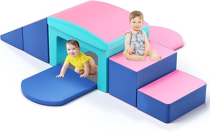 SURPCOS Crawl and Climb Foam Play Set, 6 Pcs Climbing Toys for Toddlers 1-3, Climb and Crawl Activity Playset, Soft Play Equipment Crawling and Sliding (Blue&Pink) 6 peices