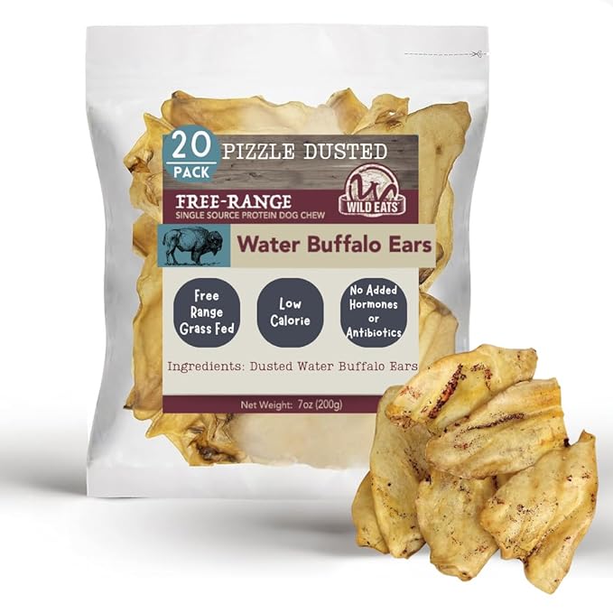 Wild Eats Water Buffalo All Natural Dusted Ear Dog Chews, Single Ingredient Treat - 20 Count (Grain Free Treats - Great Alternative to Pig Ears, Cow Ears, Bones & Rawhides for Dogs)