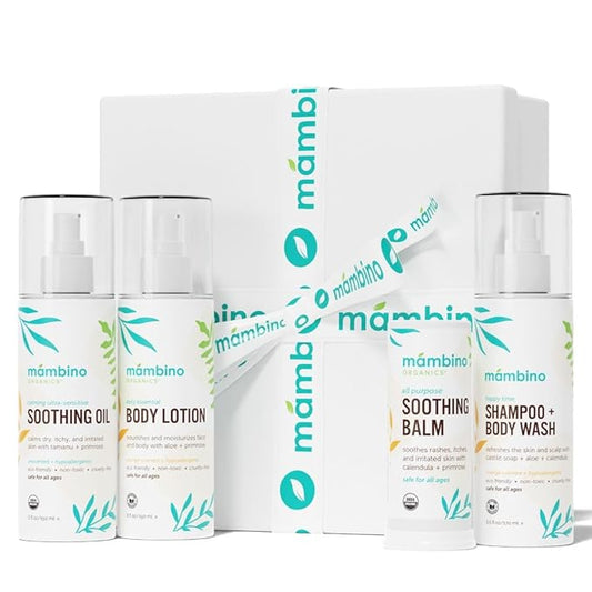 Mambino Organics Baby Arrival Essential Care Gift Set - Organic Baby Care Kit - Vegan & Cruelty-Free 4pc Set - Shampoo, Lotion, Soothing Oil & Balm - Ideal Organic Baby Gift Set for New Moms