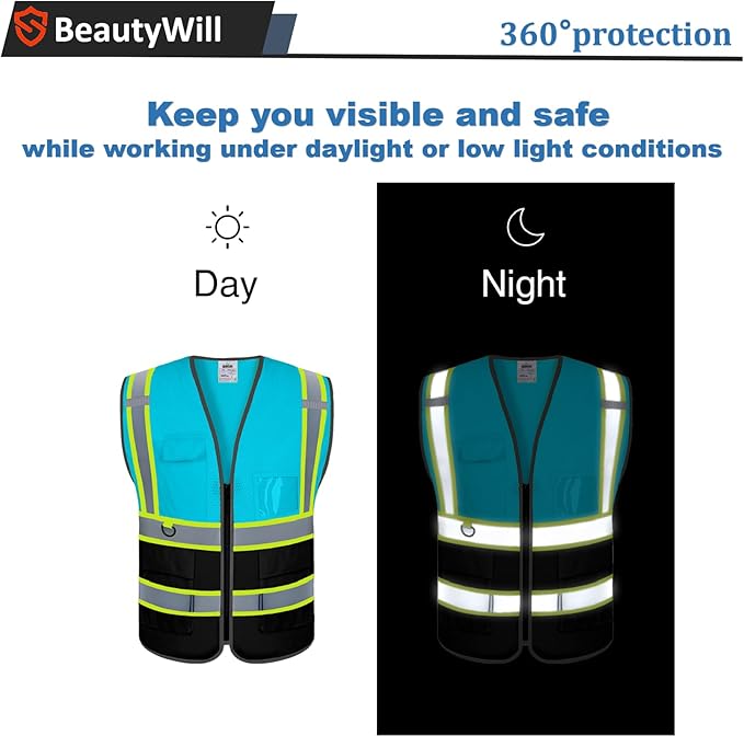 BeautyWill Custom Safety Vest Customized Logo Mesh Vest Class2 High Visibility Reflective Vest with Pockets Workwear（LightBlue Black，XL ）