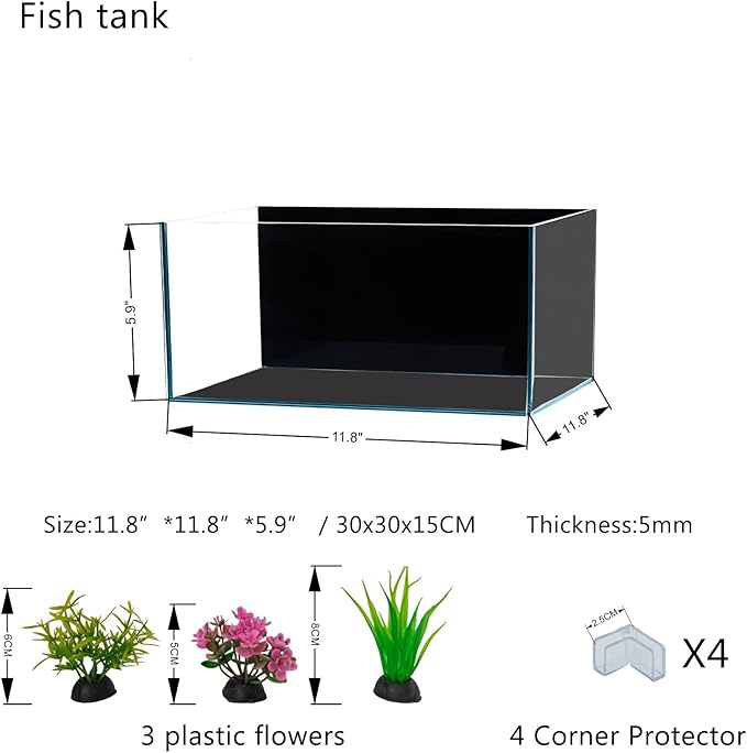 3.5 Gallon Fish Tank 30 * 30 * 15CM- Low Iron Glass Aquarium with Non-Slip Mat, Background Paper & Corner Protectors | Betta, Turtle, Shrimp Habitat Kit | Beginner Friendly Small Aquarium