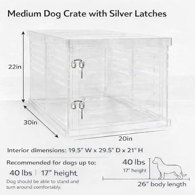 Clear Acrylic Medium Dog Crate Furniture with Charcoal Cushion for Medium Dogs up to 40 lbs, 3 in 1 Pet Crate and Gate, Modern Furniture Style Indoor Kennel, Dual Silver Latch, 20 x 30 x 22 in