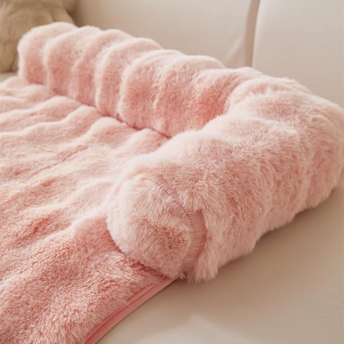 Calming Dog Bed Mat, Fluffy Fuzzy Couch Cover for Sofa, Winter Thickened Pet Mat with Anti-Slip Bottom Warm Soft Cushion Washable Pet Bed for Small Dogs and Cats (Pink, 75x75cm/29.5x29.5in)