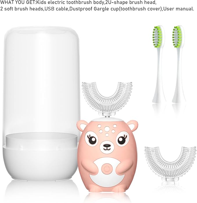 Kids Electric Toothbrushs U Shaped sonic Automatic Toothbrush with 4 Brush Heads, Six Cleaning Modes,Cartoon deer Modeling , full mouth toothbrush for baby