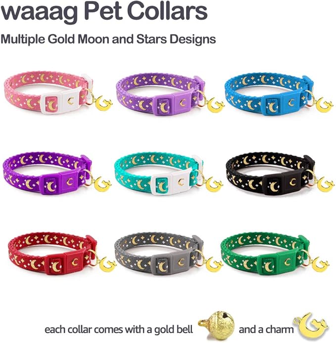 WAAAG Cat Collars, Gold Moons and Stars Cat Collar, Safety Breakaway Cat Collar, Glow in The Dark (Standard 9"-15" Neck, Purple)