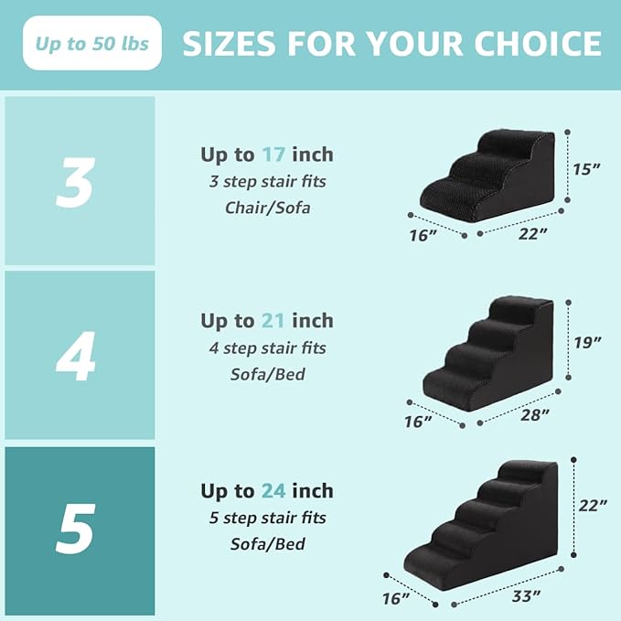 Dog Stairs for Small Dogs 15" H, 3-Step Dog Steps Ramp for Couch Sofa and Chair with Anti-Slip Washable Cover and Durable High Density Foam, Pet Stairs for Cats, Black