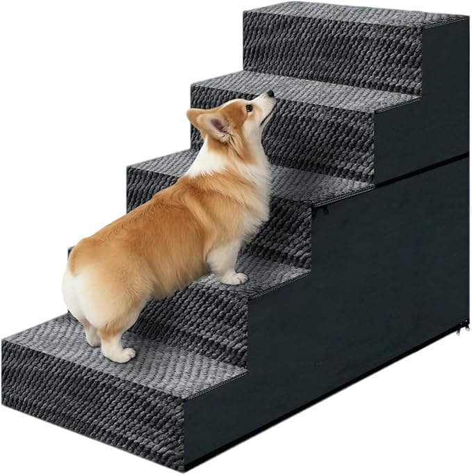 23" H Dog Stairs for Small and Medium Dogs 5-Step Ramps for High Beds and Couch Non-Slip Extra Wide Pet Stairs for Old Dogs and Puppy and Cat - Stable & Durable with Machine Washable Cover Indoor