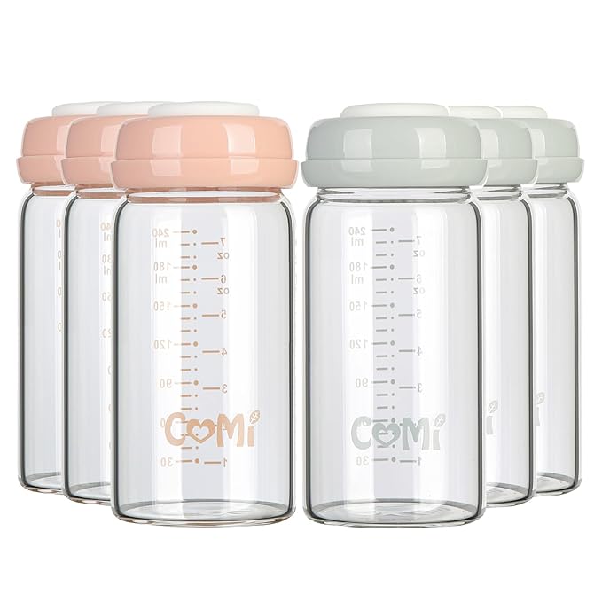 COMI Wide Neck Glass Breastmilk Collection n Storage Bottle, 6 Packs, 8oz with Screw Ring Sealing Disk; Re-markable Sealing Disc. BPA Free, Fits Breast Pumps & Nipples (3 Gray Lids + 3 Pink Lids)