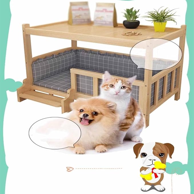 XPLKQXE Dog Bed Wood Platform, Elevated Pet Cushion Bed, Animal Couch with Mattress, Dog Beds & Furniture Rest Cot, Portable Fence Bed Pet Up to 45kg/100lbs(Color:Woody,Size:75x50x65cm)
