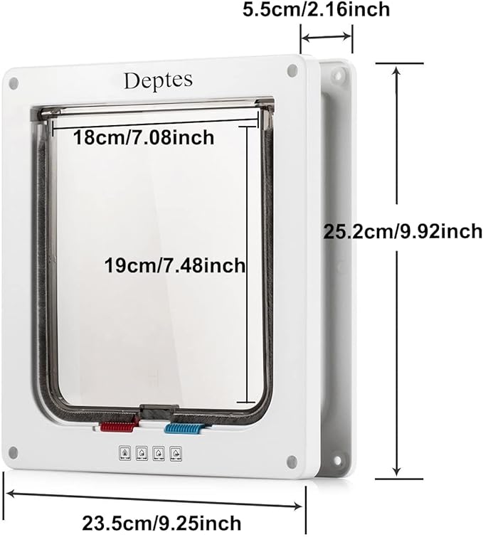 Depets Large Cat Door (Outer Size 9.9" x 9.2"), 4 Way Locking Cat Flap Door for Interior Exterior Doors, Weatherproof Pet Door for Circumference < 23"
