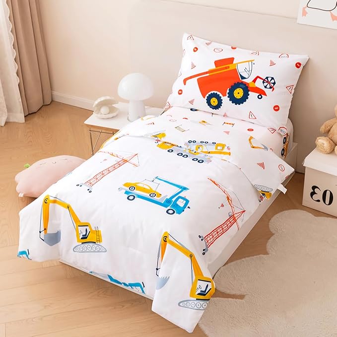 PERFEMET 4 Pieces Construction Toddler Bedding Set Excavator Truck Boy Toddler Bed in A Bag Colorful Reversible Cartoon Tractors White Crib Comforter Set for All Seasons(White, Truck/Tractor)