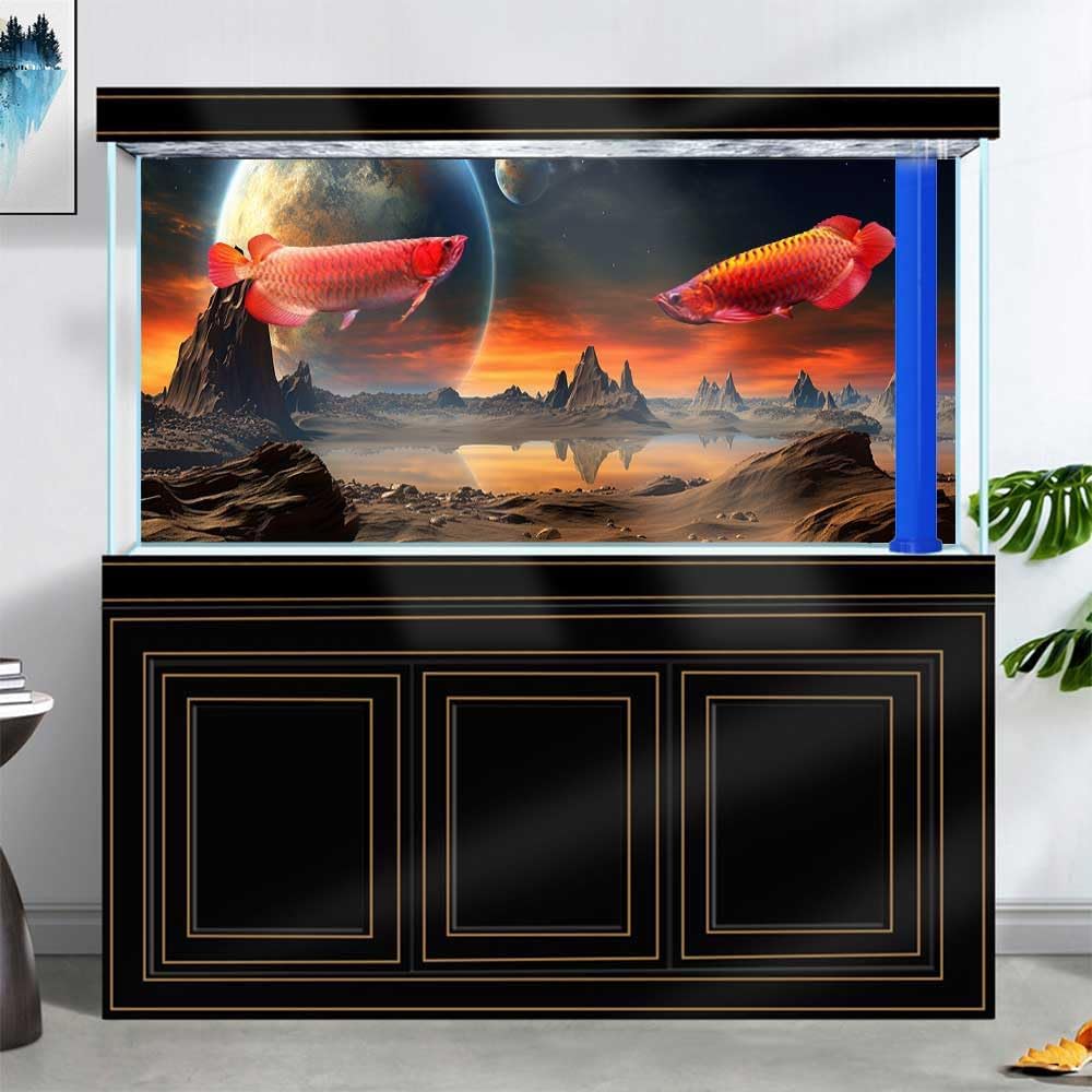 48X20IN Cosmic Aquarium Background, Cool Parallel Space Themed Fish Tank Background, Tropical Desert Terrarium Background with 8 EVA Double-Sided Tape
