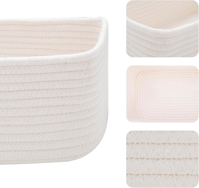 Small Storage Baskets for Organizing | Closet Organizer Bins | Shelf Toy Basket | Woven Rope Baskets | Cube Decorative Box | Shallow Basket | 11.5x7.5x4.7” | 3 Packs Off White