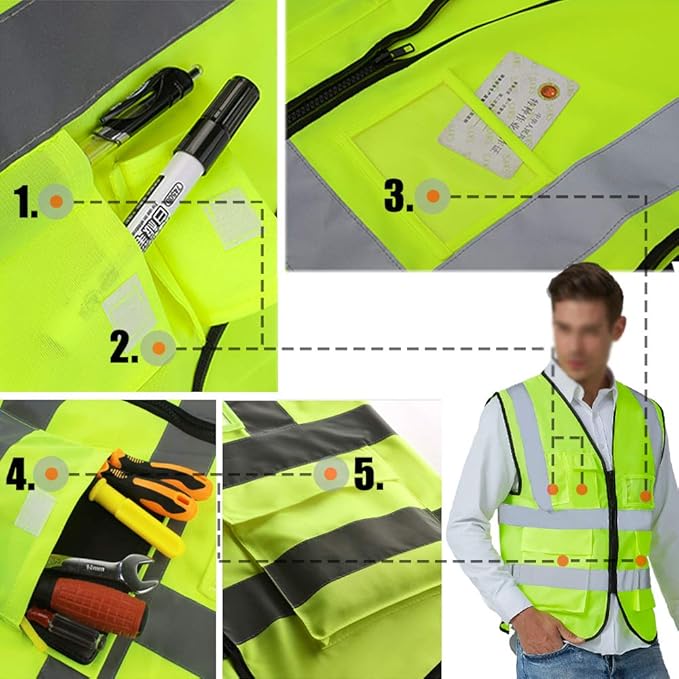 YOWESHOP High Visibility Safety Vest Custom Your Logo Protective Workwear 5 Pockets With Reflective Strips Outdoor Work Vest (Red (M))