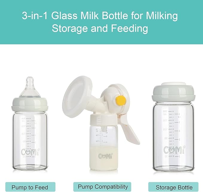 COMI Wide Neck Glass Breastmilk Collection n Storage Bottle, 4 Packs, 6oz with Screw Ring Sealing Disk; Re-markable Sealing Disc. BPA Free, Fits Breast Pumps & Nipples (3 Gray Lids + 3 Pink Lids)