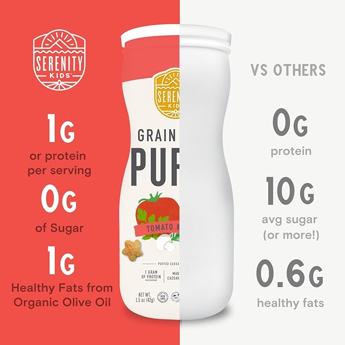 Serenity Kids 6+ Months Grain Free Puffs Toddler & Baby Snack | No Added Sugar, Gluten & Rice Free, Allergen Free | Made with Organic Cassava, Veggies, and Herbs | Tomato & Mushroom | 1 Count