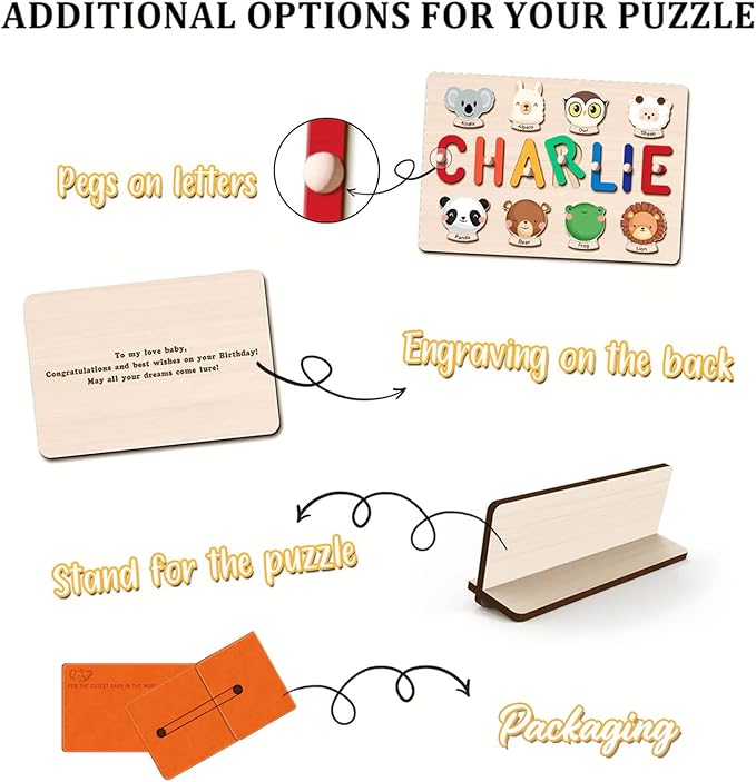 Personalized Name Puzzle for Kids, Personalized Baby Gifts Custom Name Puzzles for Toddlers 1-3 Animal Puzzle, Customized 1st Birthday for Girls & Boys Wooden Puzzle Montessor Toys for Kids