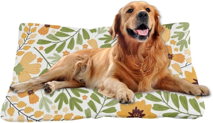 Natural Yellow Floral Green Dog Bed Furniture Crate Mat for Dogs Dog Bed Crate Pad Washable for Washable Non-Slip Cage Small Size Dogbed Mat Cushions Indoor Outdoor 36X24 Inch