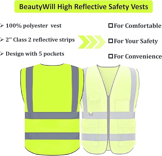 BeautyWill Safety Vest Custom Logo Class2 High Visibility Reflective Vest with 5 Pockets Construction Security Work Vest ANSI/ISEA Standards（Yellow，3XL ）