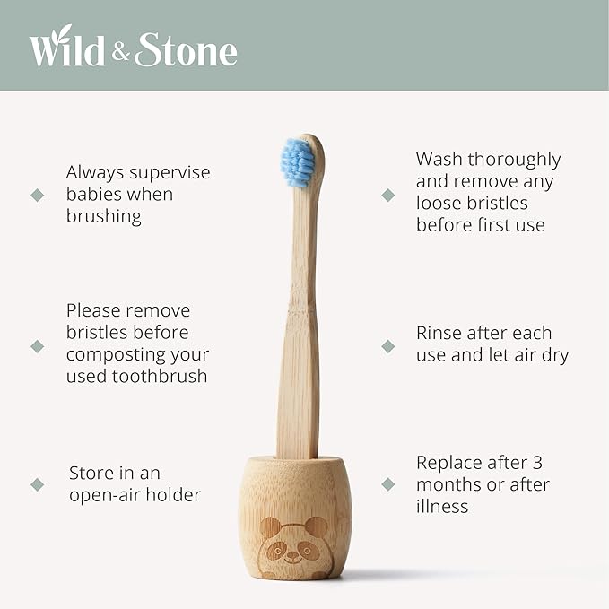 Wild & Stone Organic Baby Bamboo Toothbrushes | 4 Pack | Soft Bristles | 100% Compostable Handle | BPA Free | Vegan Baby Toothbrushes (Baby Blue)
