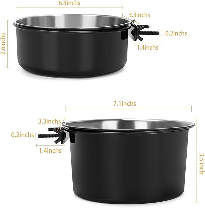 2 Pcs Black Large Pet Dog Food Water Bowl for Cage Stainless Steel Non-Spill Kennel Hanging Cats Bowls with Clamp Holder Crate Feeder Dish for Medium Large Dogs Huge Pets (7.1x3.5'' & 6.3x2.6'')