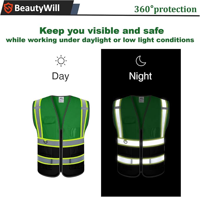 BeautyWill Custom Safety Vest Customized Logo Mesh Vest Class2 High Visibility Reflective Vest with Pockets Workwear（Green Black，M ）