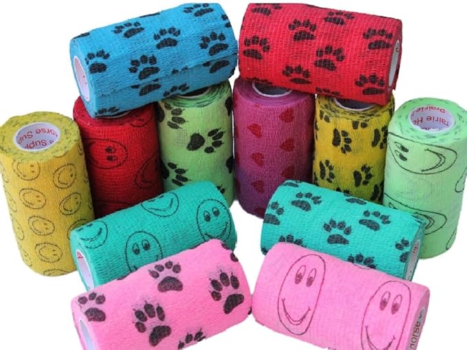 Prairie Horse Supply 3 Inch Vet Wrap Tape Bulk (Assorted Paw Prints and Patterns) (Pack of 12) Self Adhesive Adherent Adhering Flex Bandage Grip Roll for Dog Cat Pet