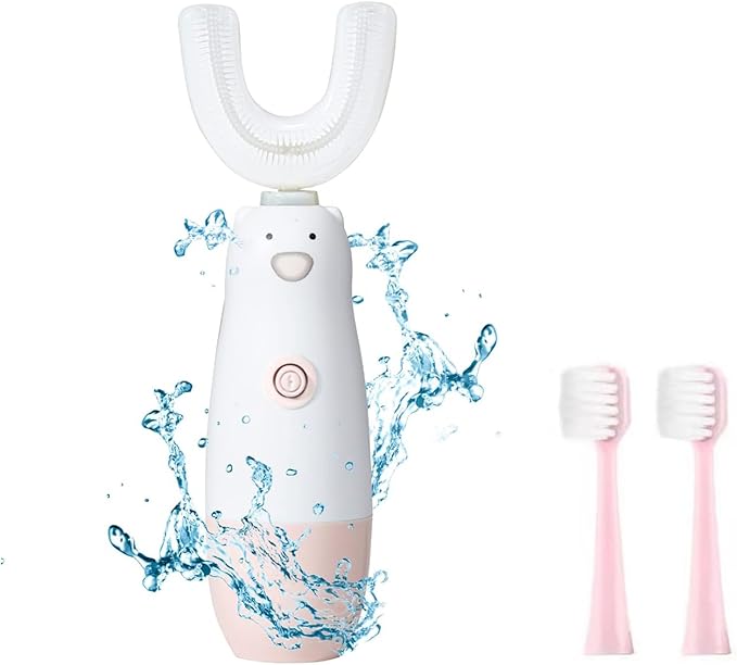 Kids Electric Toothbrush，U Shaped toddler Toothbrush Waterproof Battery Powered 360 Automatic Sonic u shaped Toothbrushes for 2-7 Years Old for Boys Girls，with 2 Replacement Brush Heads（Pink）